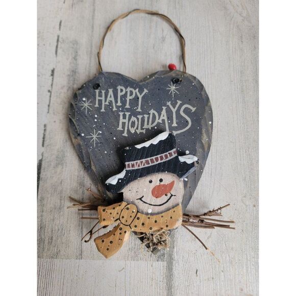 Happy holidays snowman face rustic heart mini Xmas home decor - Picture 1 of 4